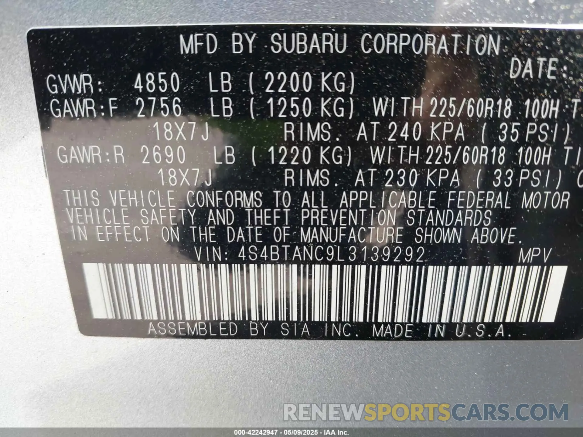 9 Photograph of a damaged car 4S4BTANC9L3139292 SUBARU OUTBACK 2020