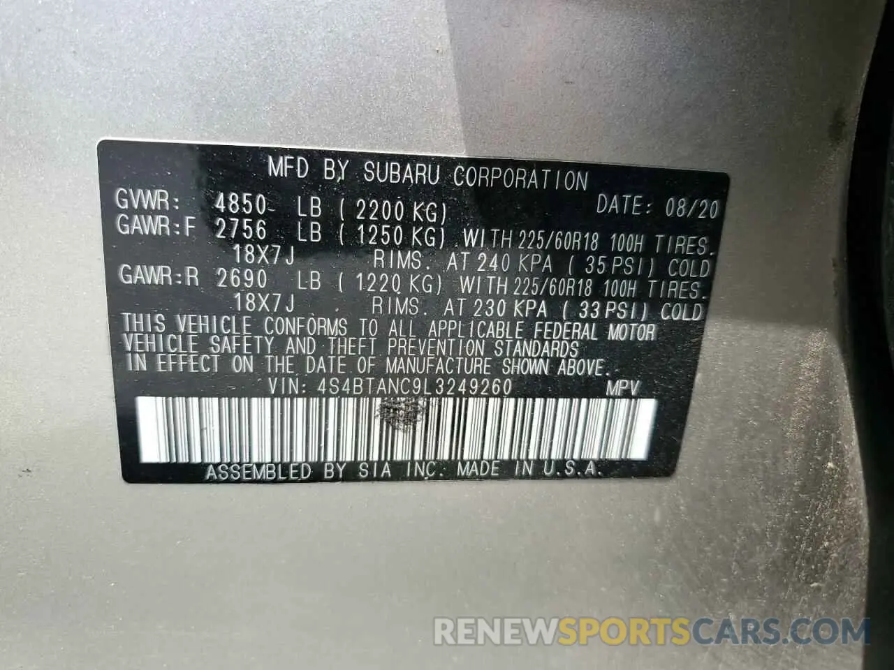 12 Photograph of a damaged car 4S4BTANC9L3249260 SUBARU OUTBACK 2020