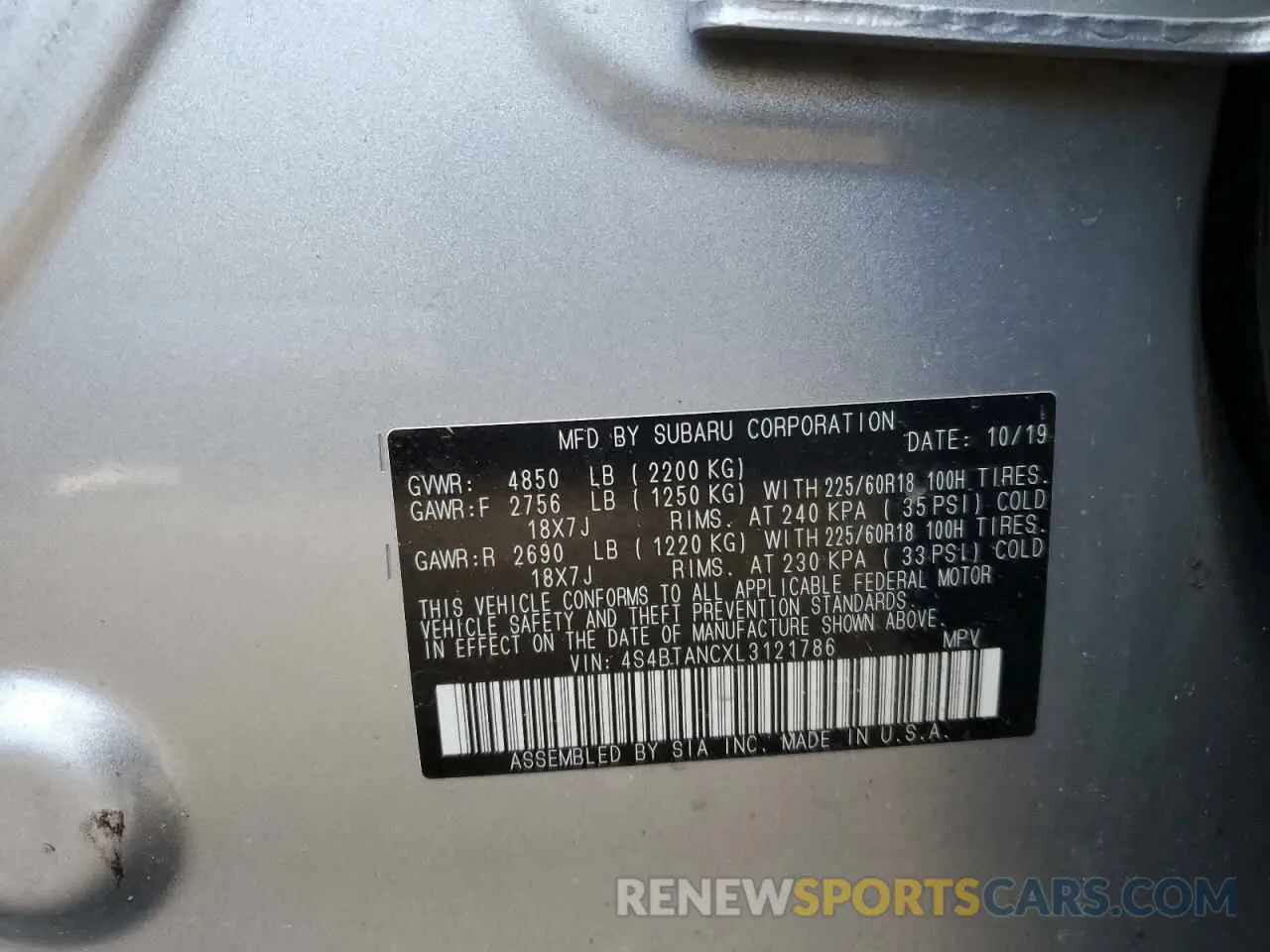 14 Photograph of a damaged car 4S4BTANCXL3121786 SUBARU OUTBACK 2020