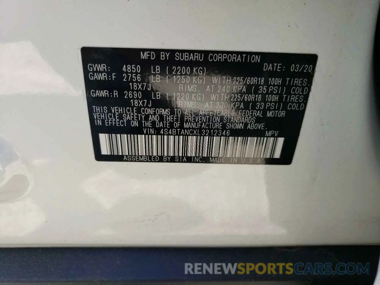 14 Photograph of a damaged car 4S4BTANCXL3212346 SUBARU OUTBACK 2020