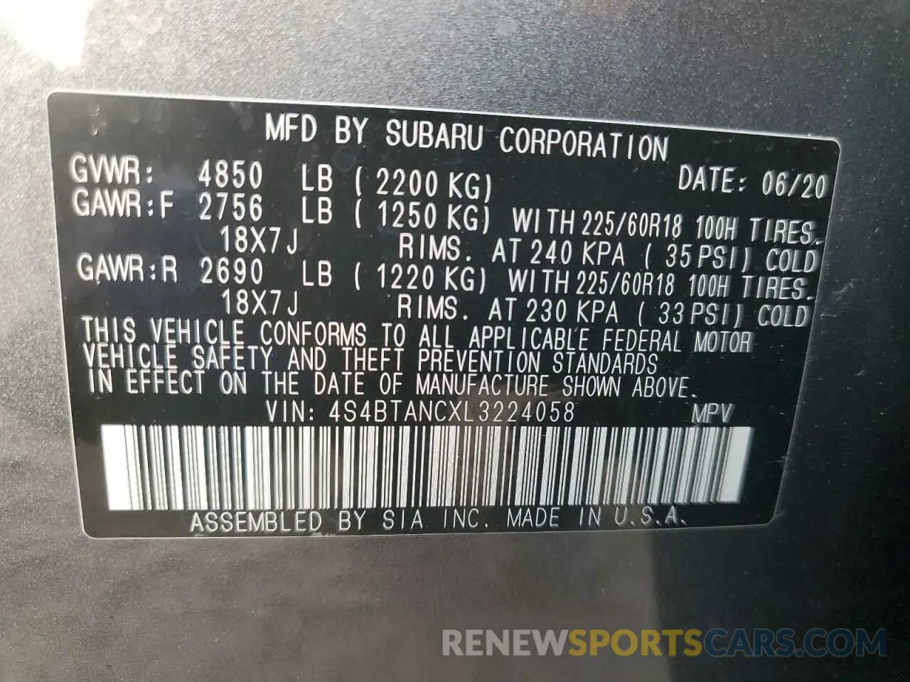 13 Photograph of a damaged car 4S4BTANCXL3224058 SUBARU OUTBACK 2020