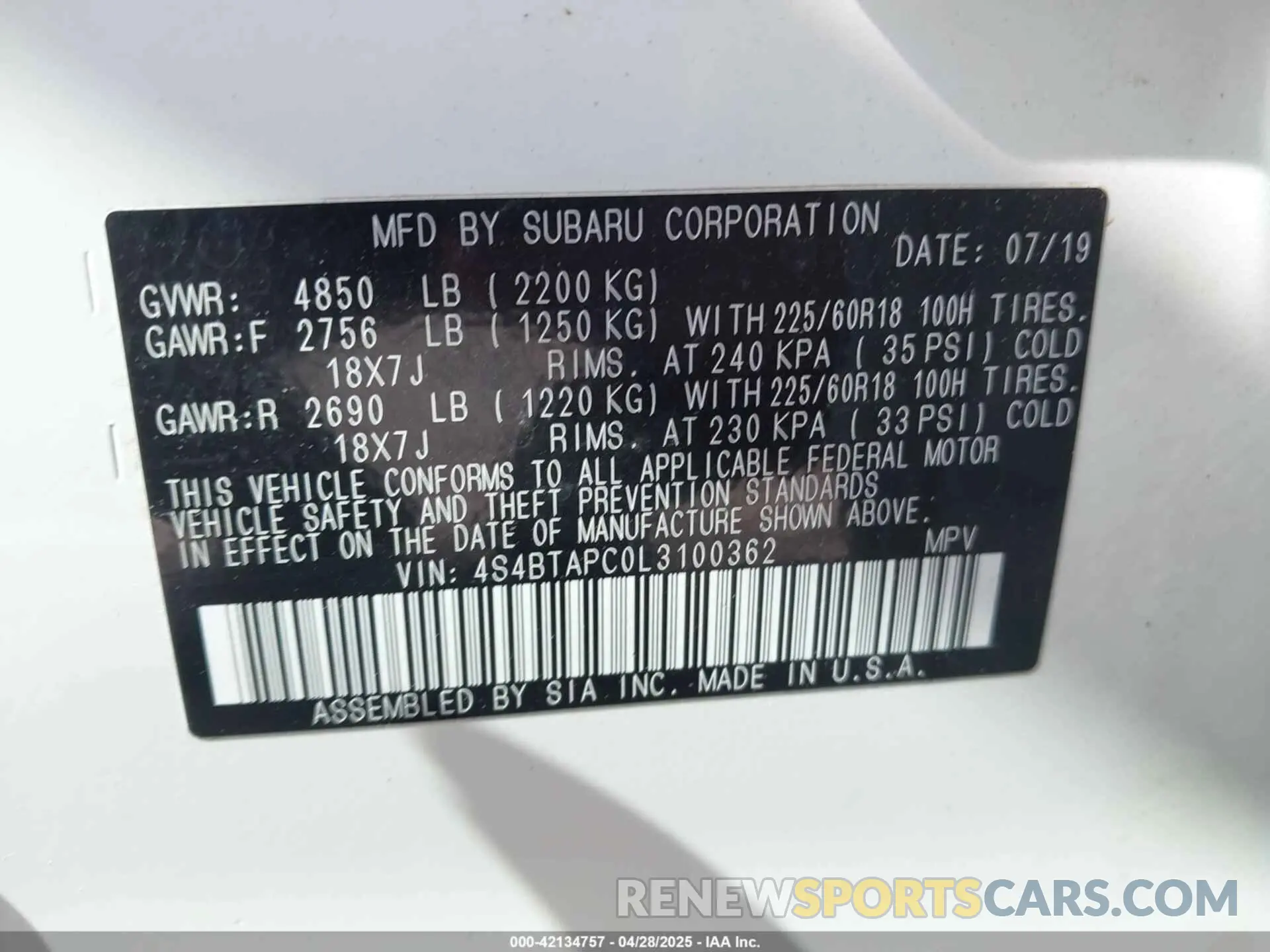 9 Photograph of a damaged car 4S4BTAPC0L3100362 SUBARU OUTBACK 2020