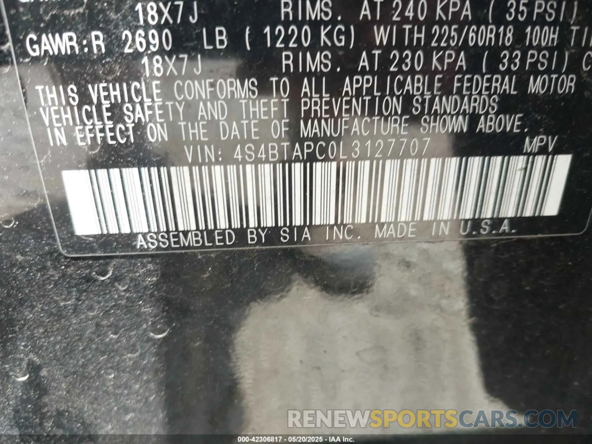 9 Photograph of a damaged car 4S4BTAPC0L3127707 SUBARU OUTBACK 2020