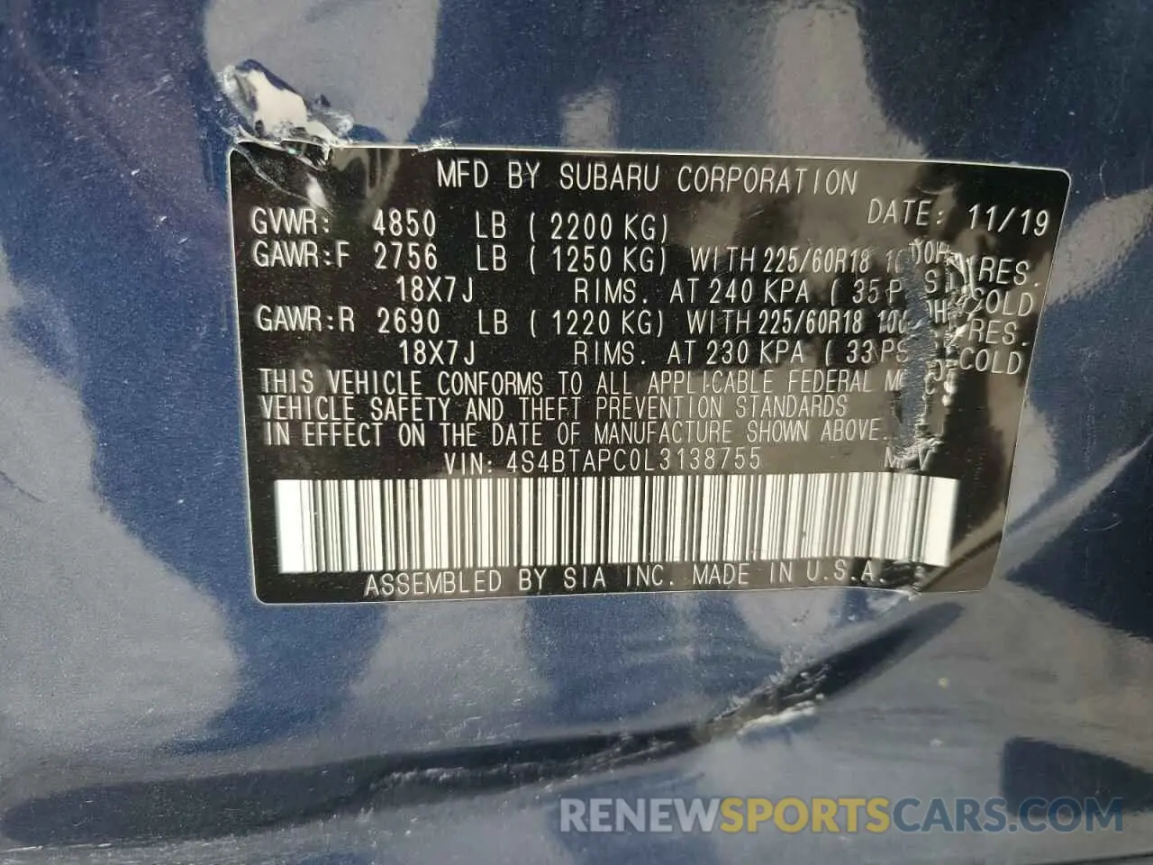 13 Photograph of a damaged car 4S4BTAPC0L3138755 SUBARU OUTBACK 2020