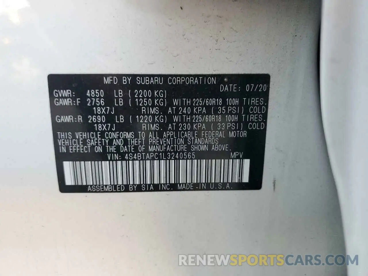 13 Photograph of a damaged car 4S4BTAPC1L3240565 SUBARU OUTBACK 2020