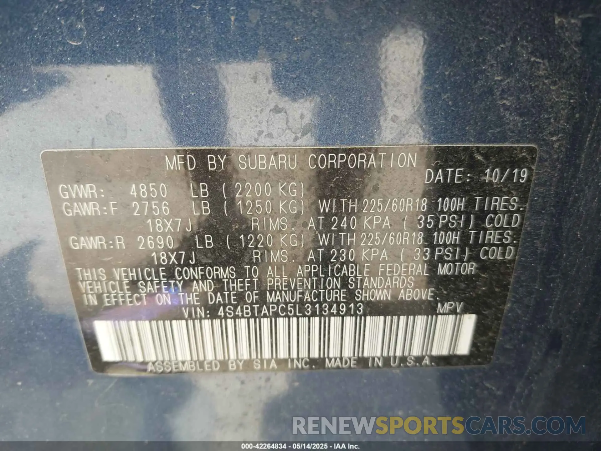 9 Photograph of a damaged car 4S4BTAPC5L3134913 SUBARU OUTBACK 2020