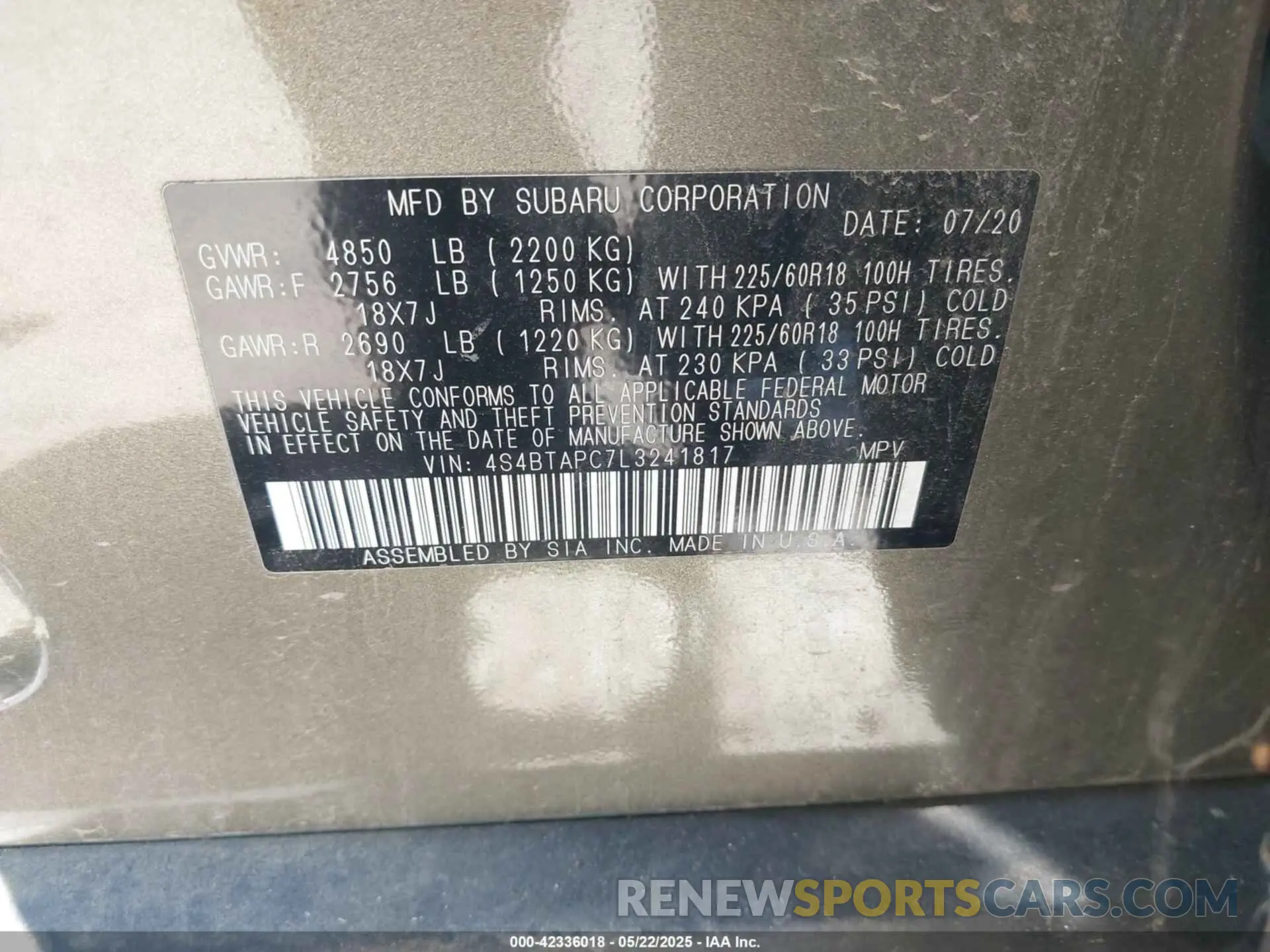 9 Photograph of a damaged car 4S4BTAPC7L3241817 SUBARU OUTBACK 2020