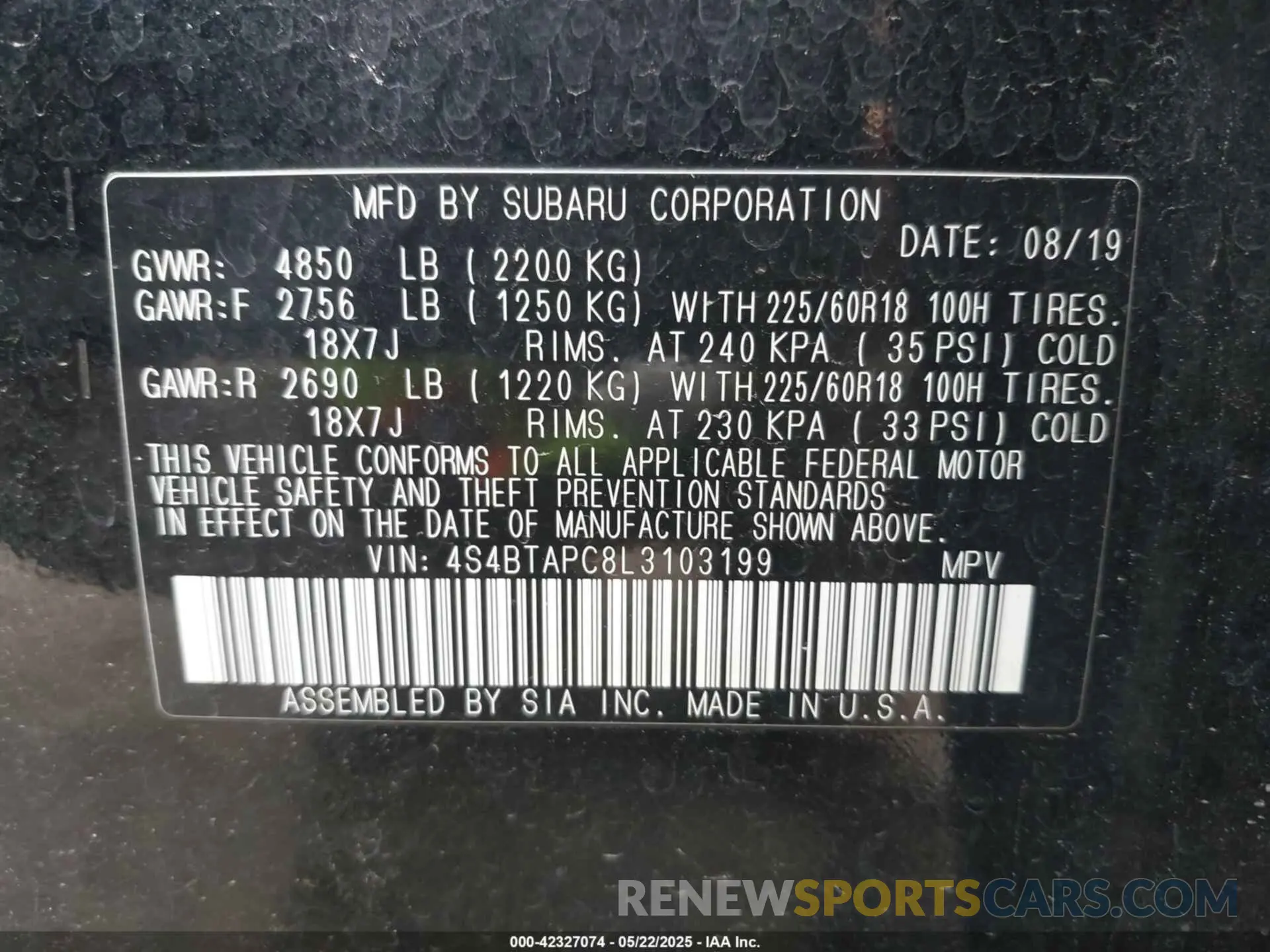 9 Photograph of a damaged car 4S4BTAPC8L3103199 SUBARU OUTBACK 2020