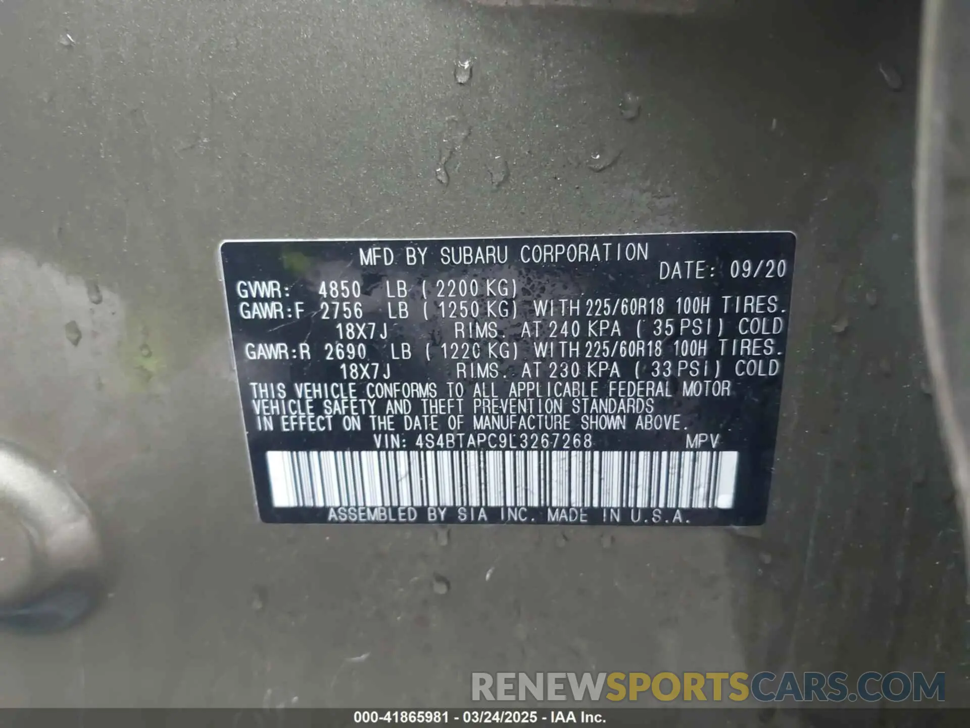 9 Photograph of a damaged car 4S4BTAPC9L3267268 SUBARU OUTBACK 2020
