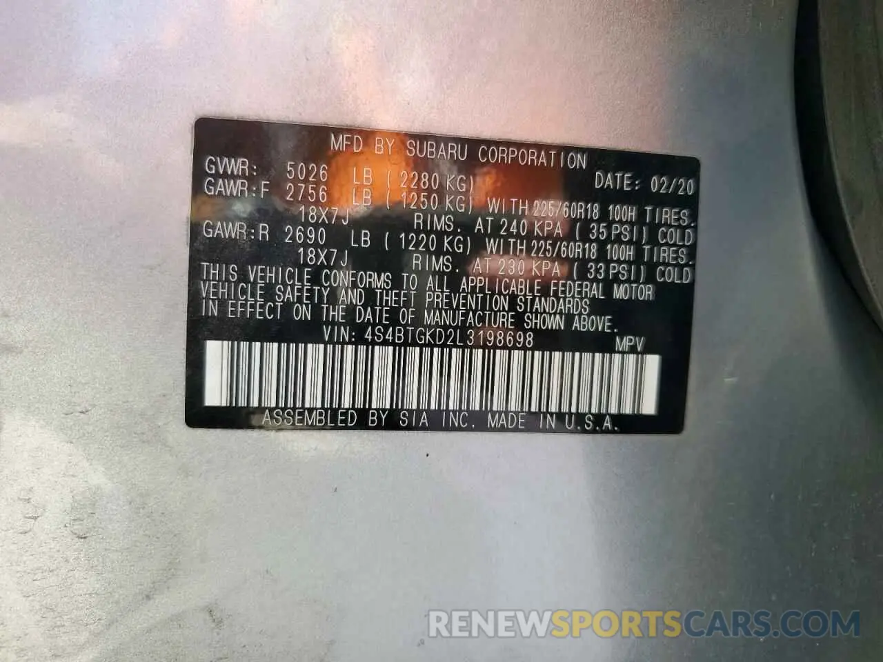 14 Photograph of a damaged car 4S4BTGKD2L3198698 SUBARU OUTBACK 2020