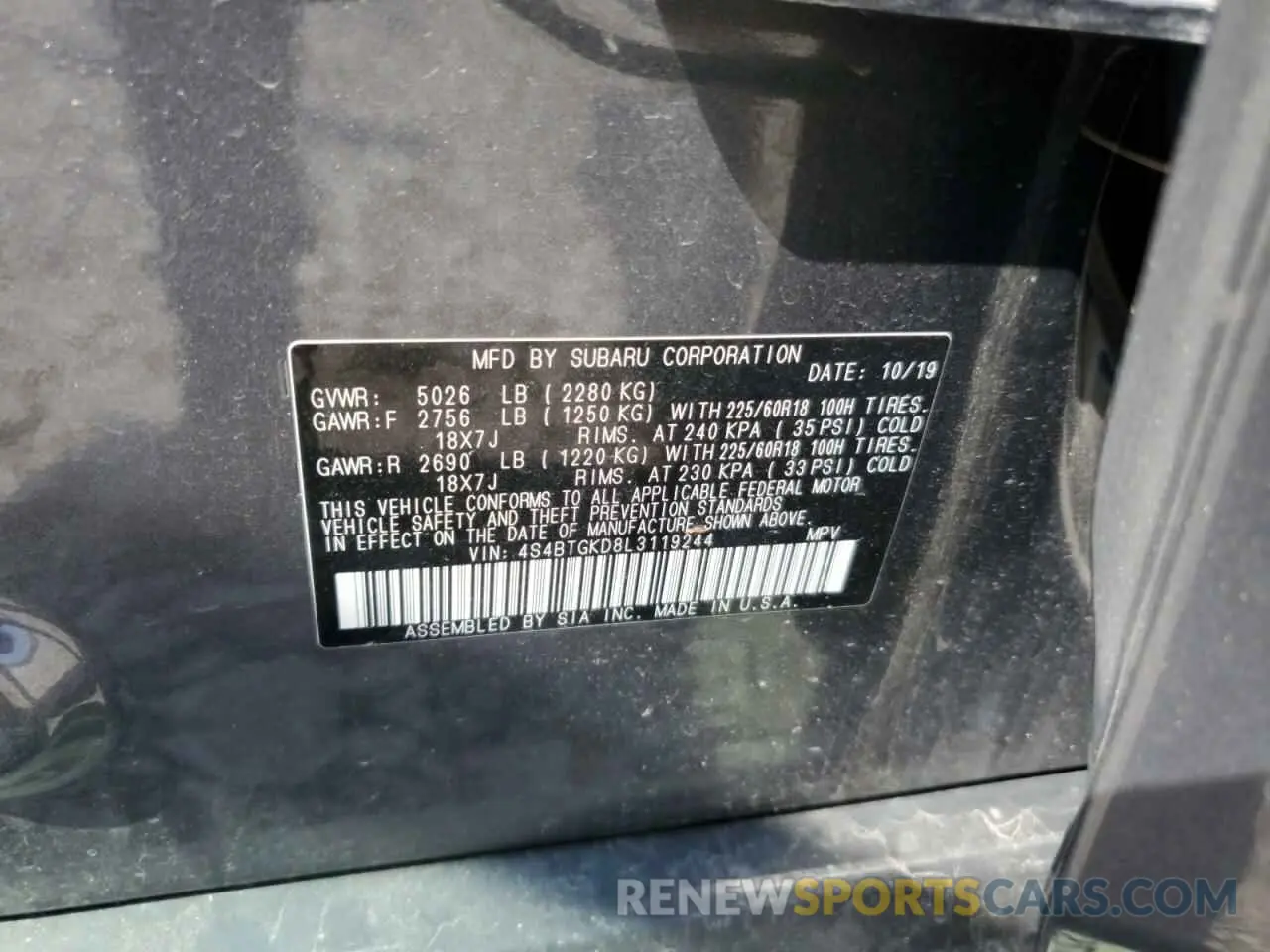 13 Photograph of a damaged car 4S4BTGKD8L3119244 SUBARU OUTBACK 2020
