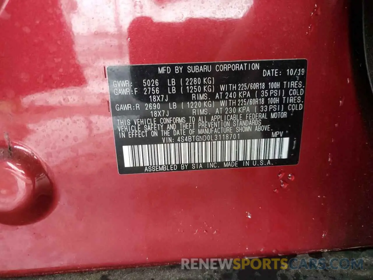 13 Photograph of a damaged car 4S4BTGND0L3118701 SUBARU OUTBACK 2020