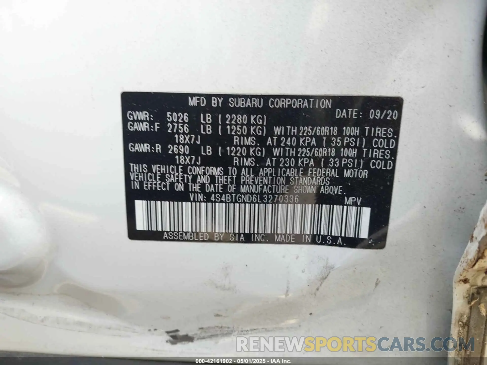 9 Photograph of a damaged car 4S4BTGND6L3270336 SUBARU OUTBACK 2020