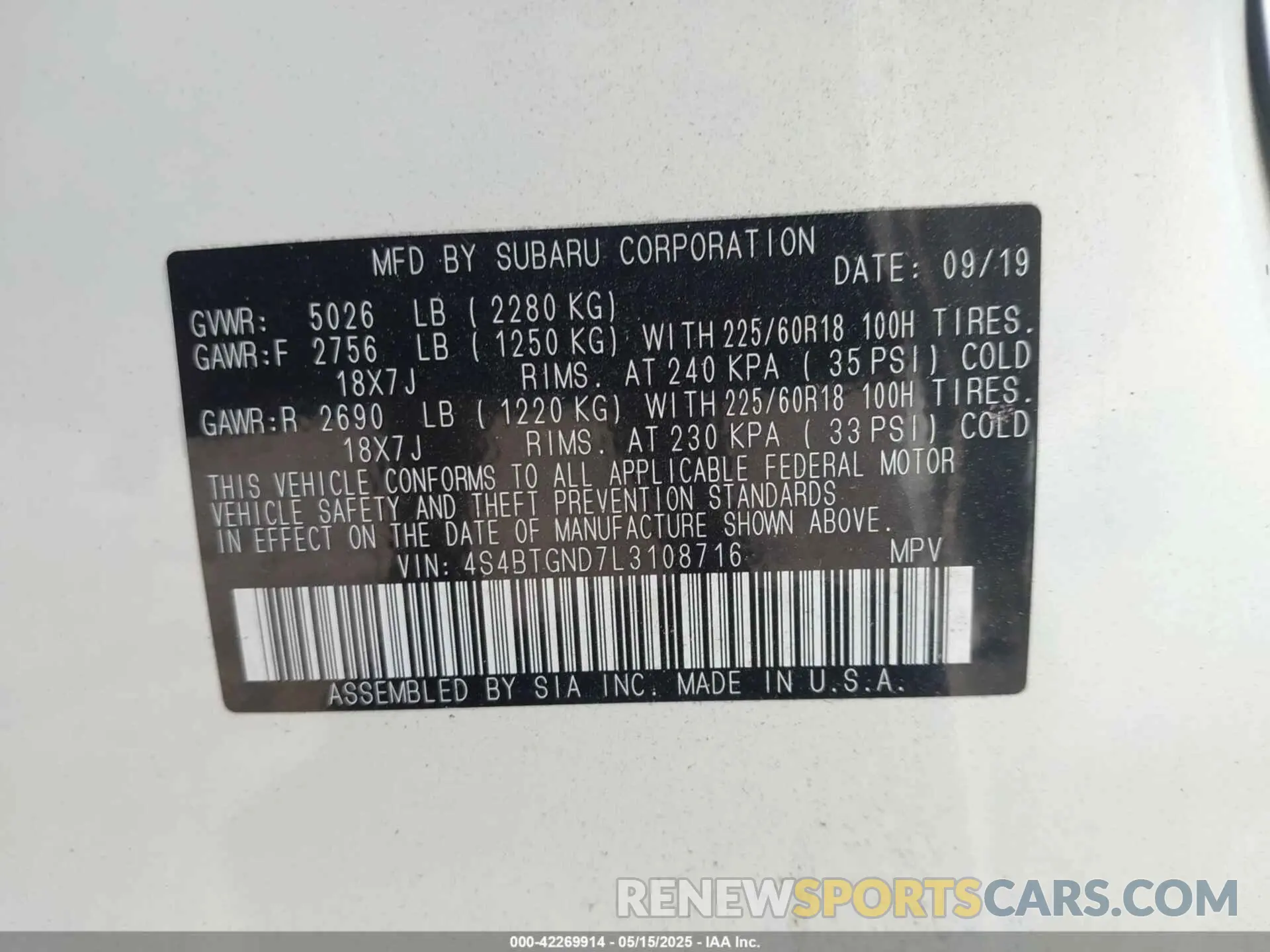 9 Photograph of a damaged car 4S4BTGND7L3108716 SUBARU OUTBACK 2020