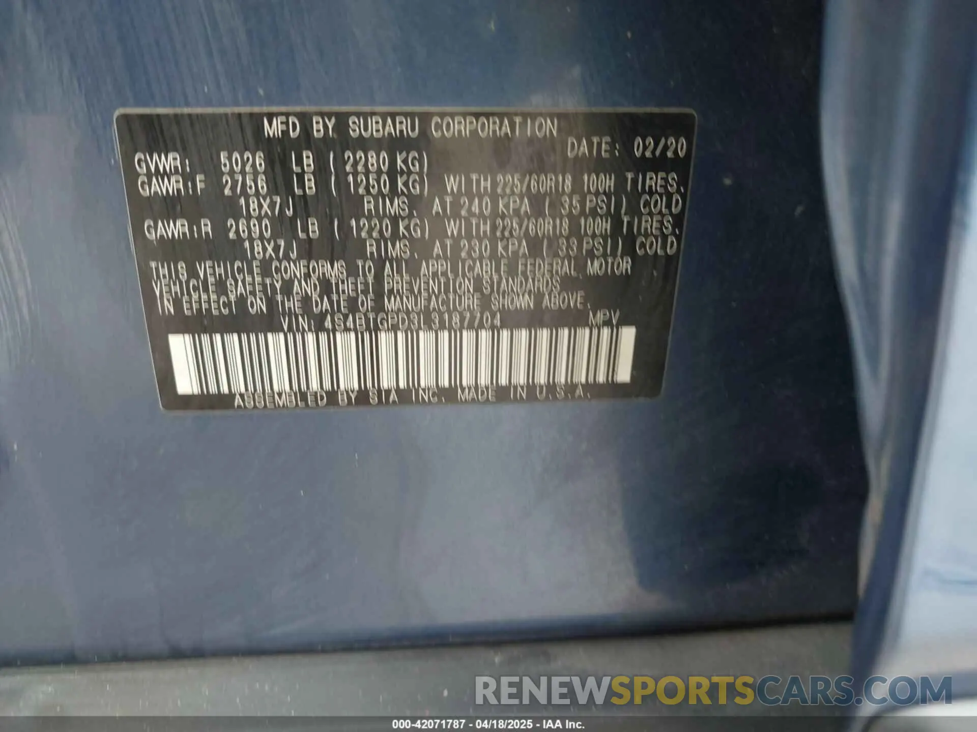 9 Photograph of a damaged car 4S4BTGPD3L3187704 SUBARU OUTBACK 2020