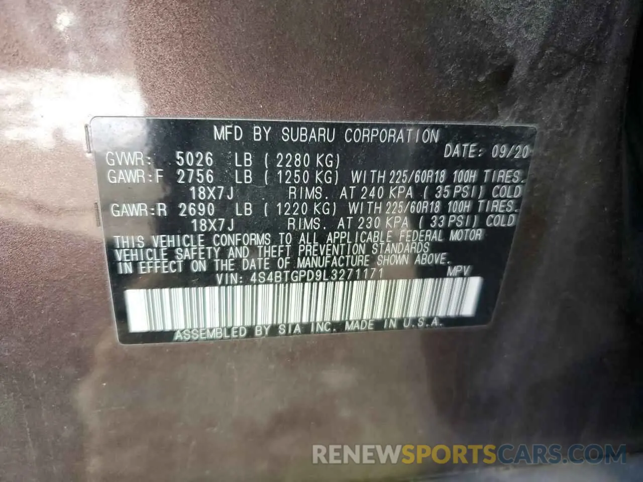 13 Photograph of a damaged car 4S4BTGPD9L3271171 SUBARU OUTBACK 2020