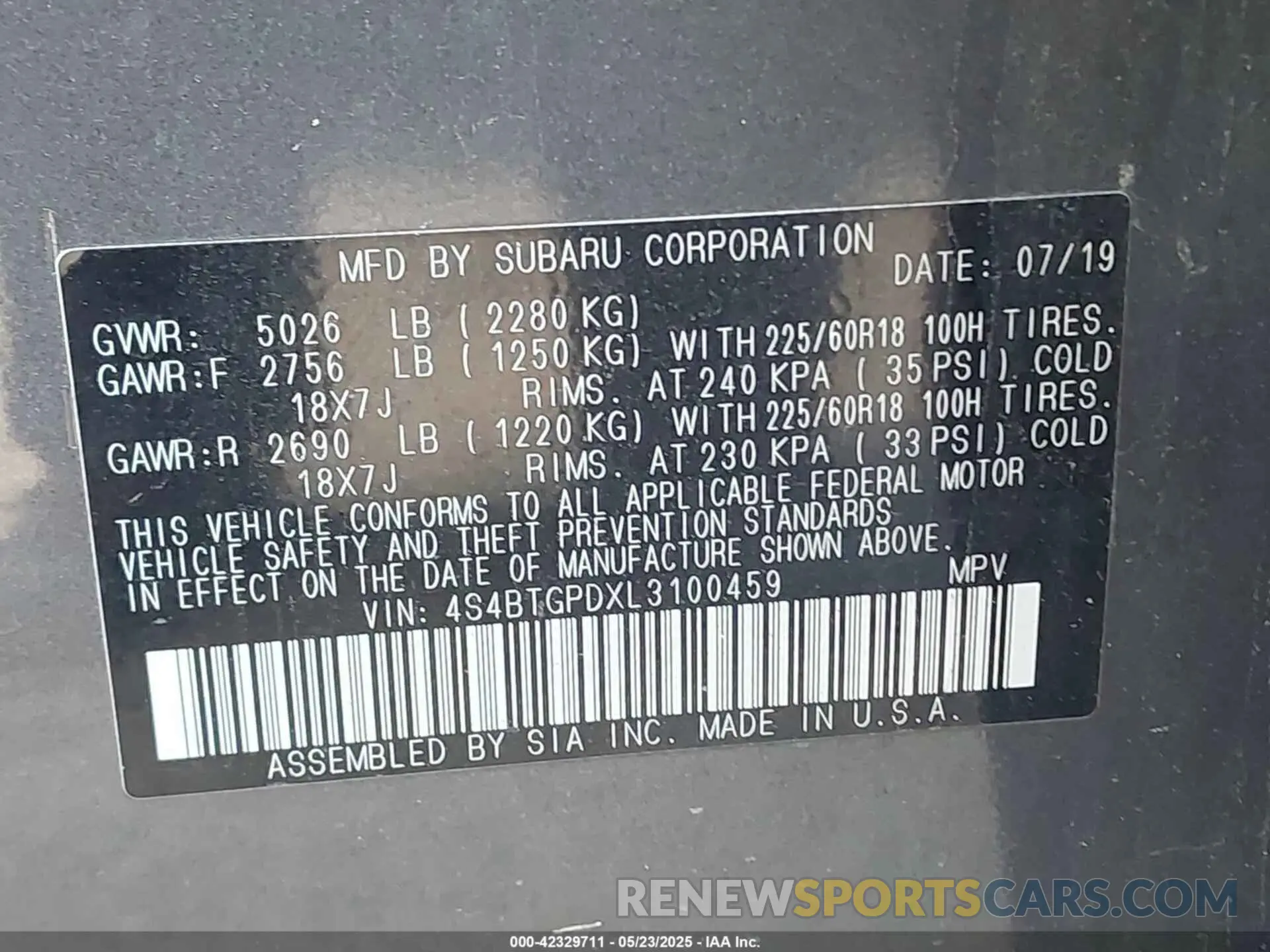 9 Photograph of a damaged car 4S4BTGPDXL3100459 SUBARU OUTBACK 2020