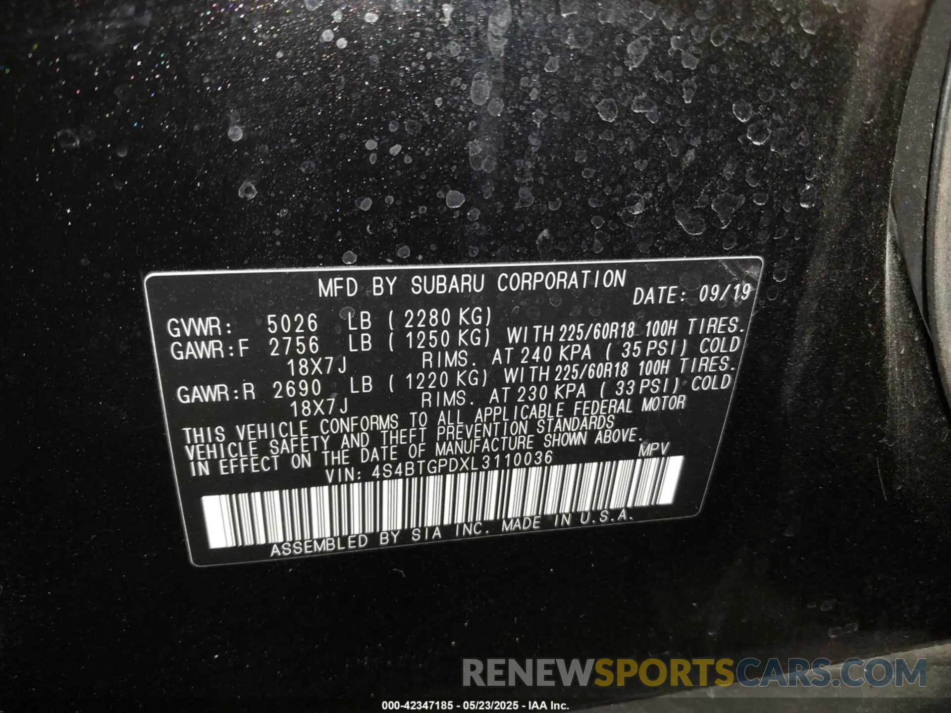9 Photograph of a damaged car 4S4BTGPDXL3110036 SUBARU OUTBACK 2020