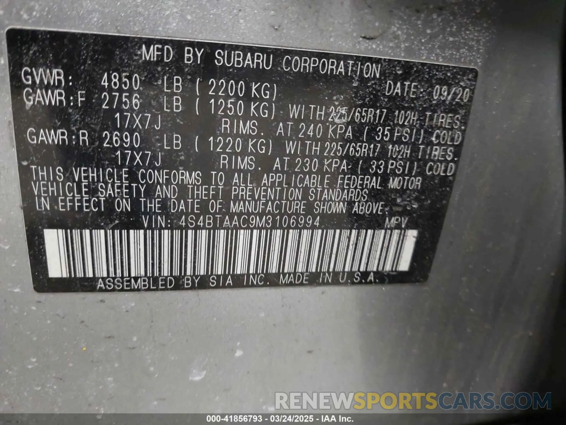 9 Photograph of a damaged car 4S4BTAAC9M3106994 SUBARU OUTBACK 2021