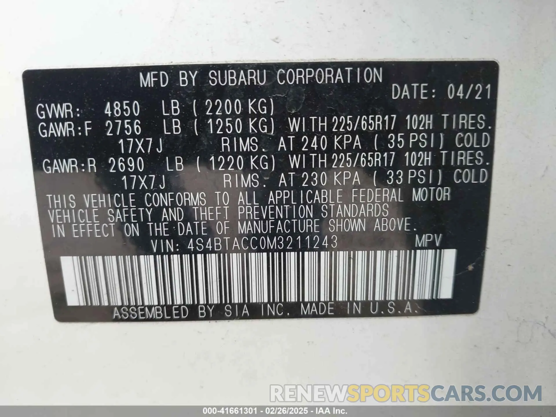 8 Photograph of a damaged car 4S4BTACC0M3211243 SUBARU OUTBACK 2021