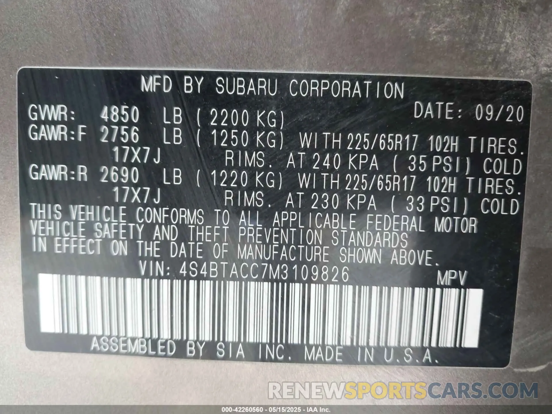 9 Photograph of a damaged car 4S4BTACC7M3109826 SUBARU OUTBACK 2021