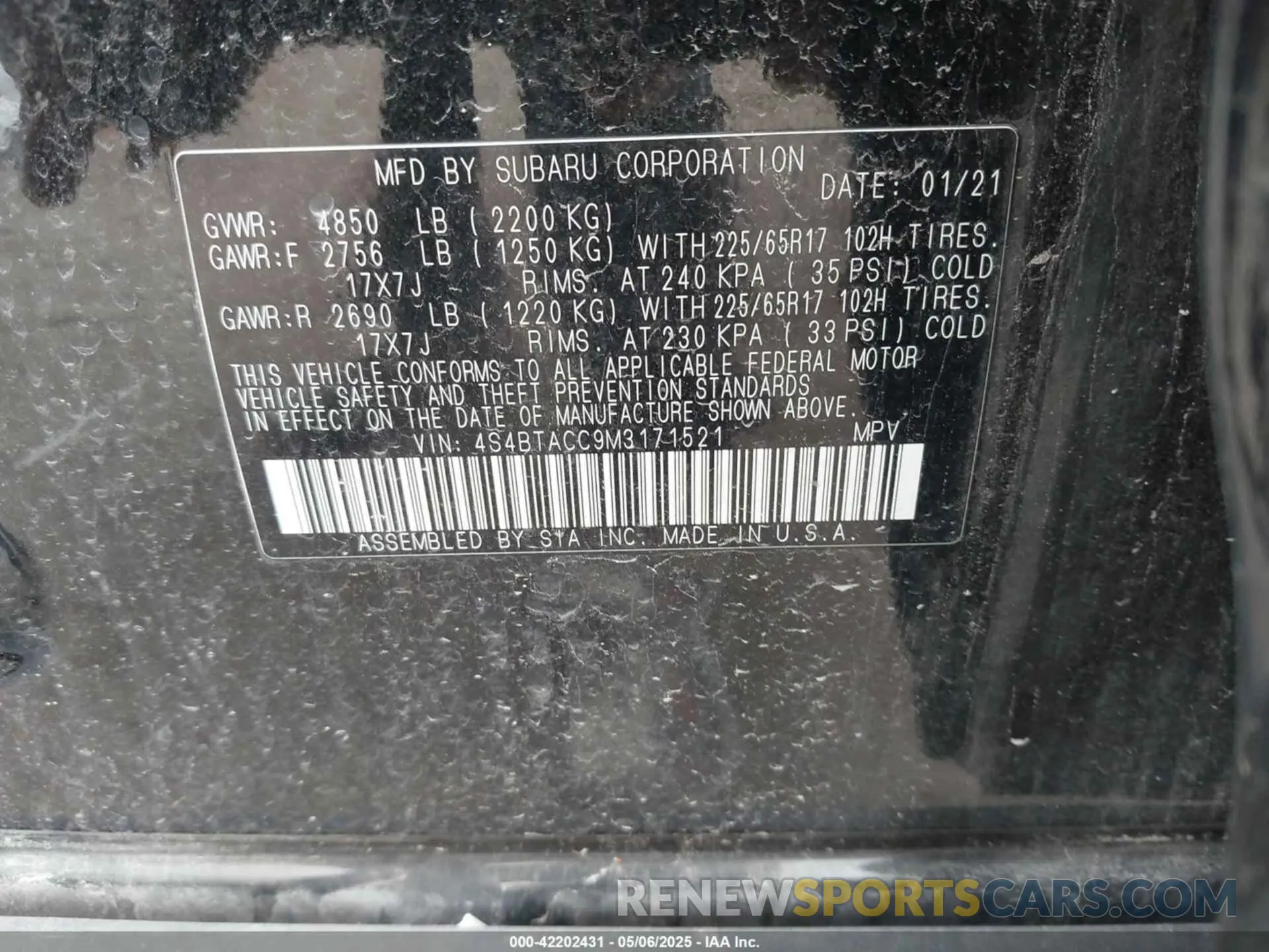 9 Photograph of a damaged car 4S4BTACC9M3171521 SUBARU OUTBACK 2021