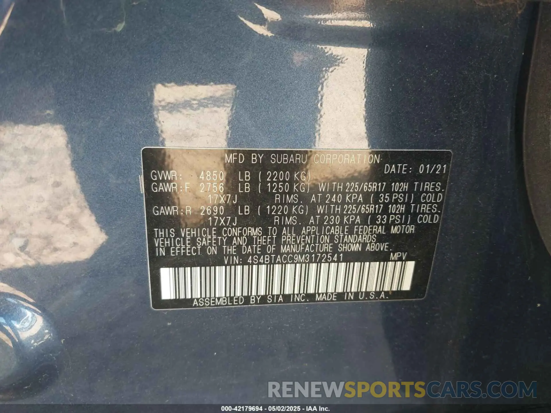9 Photograph of a damaged car 4S4BTACC9M3172541 SUBARU OUTBACK 2021