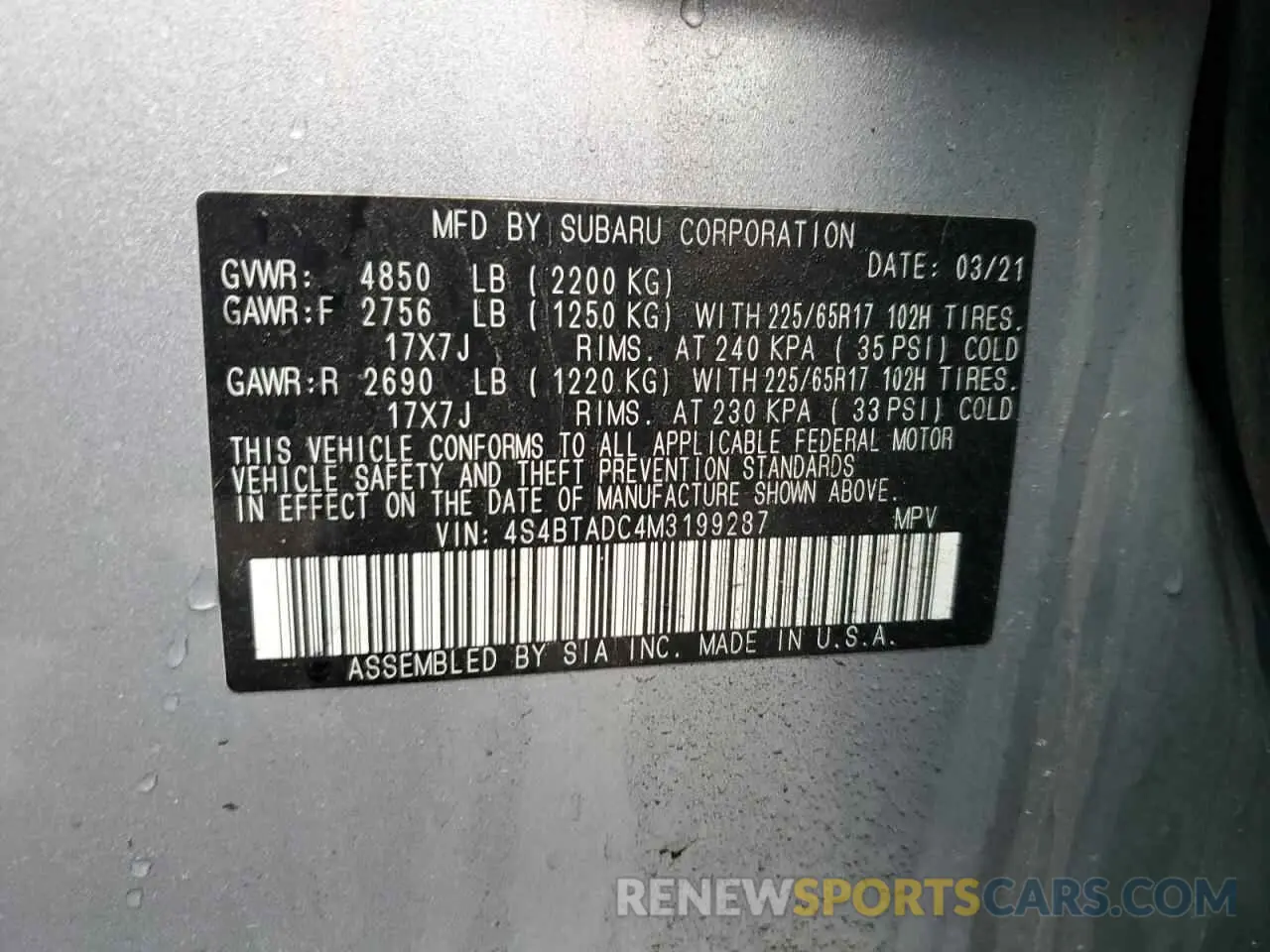 13 Photograph of a damaged car 4S4BTADC4M3199287 SUBARU OUTBACK 2021