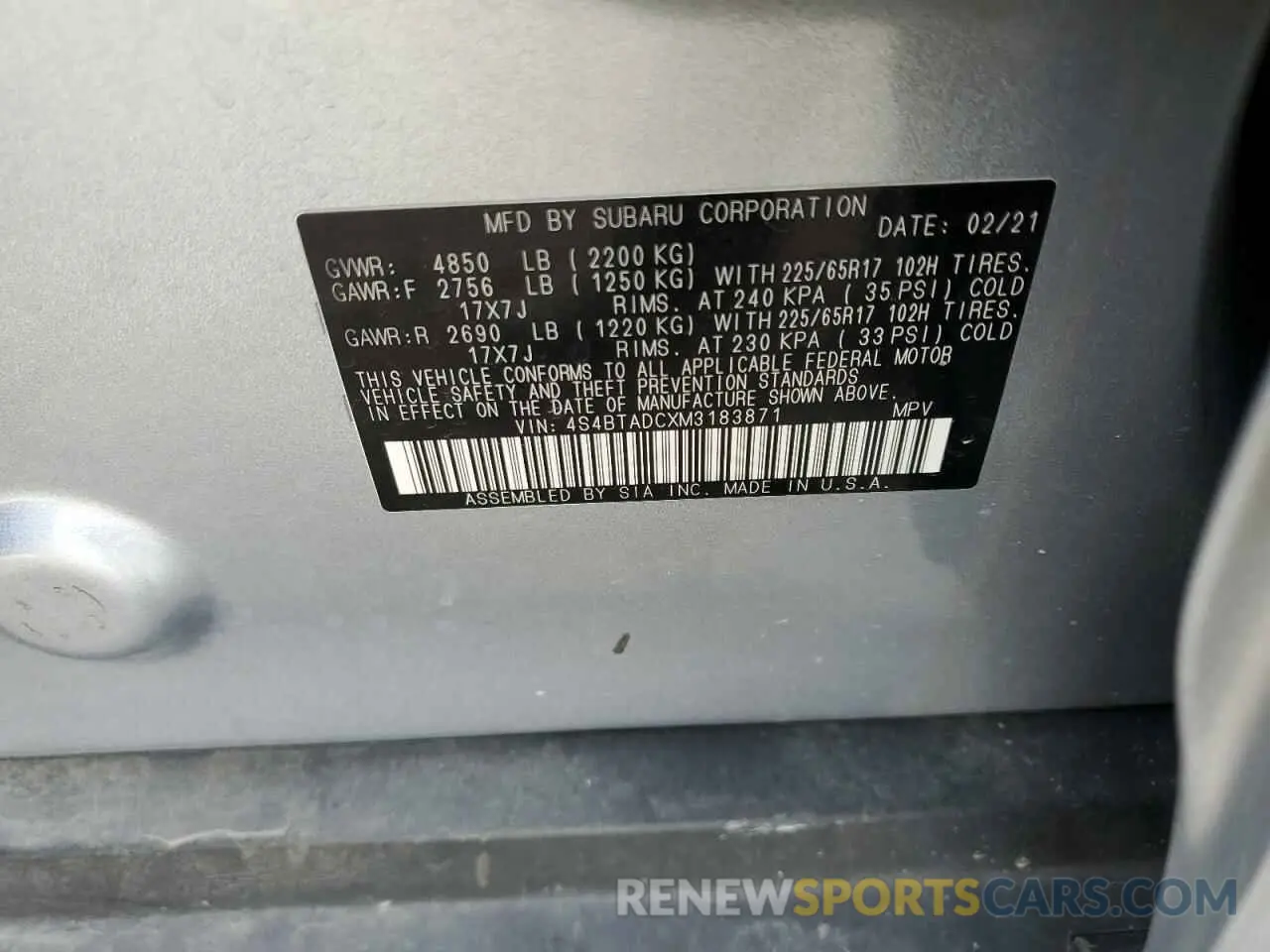 13 Photograph of a damaged car 4S4BTADCXM3183871 SUBARU OUTBACK 2021