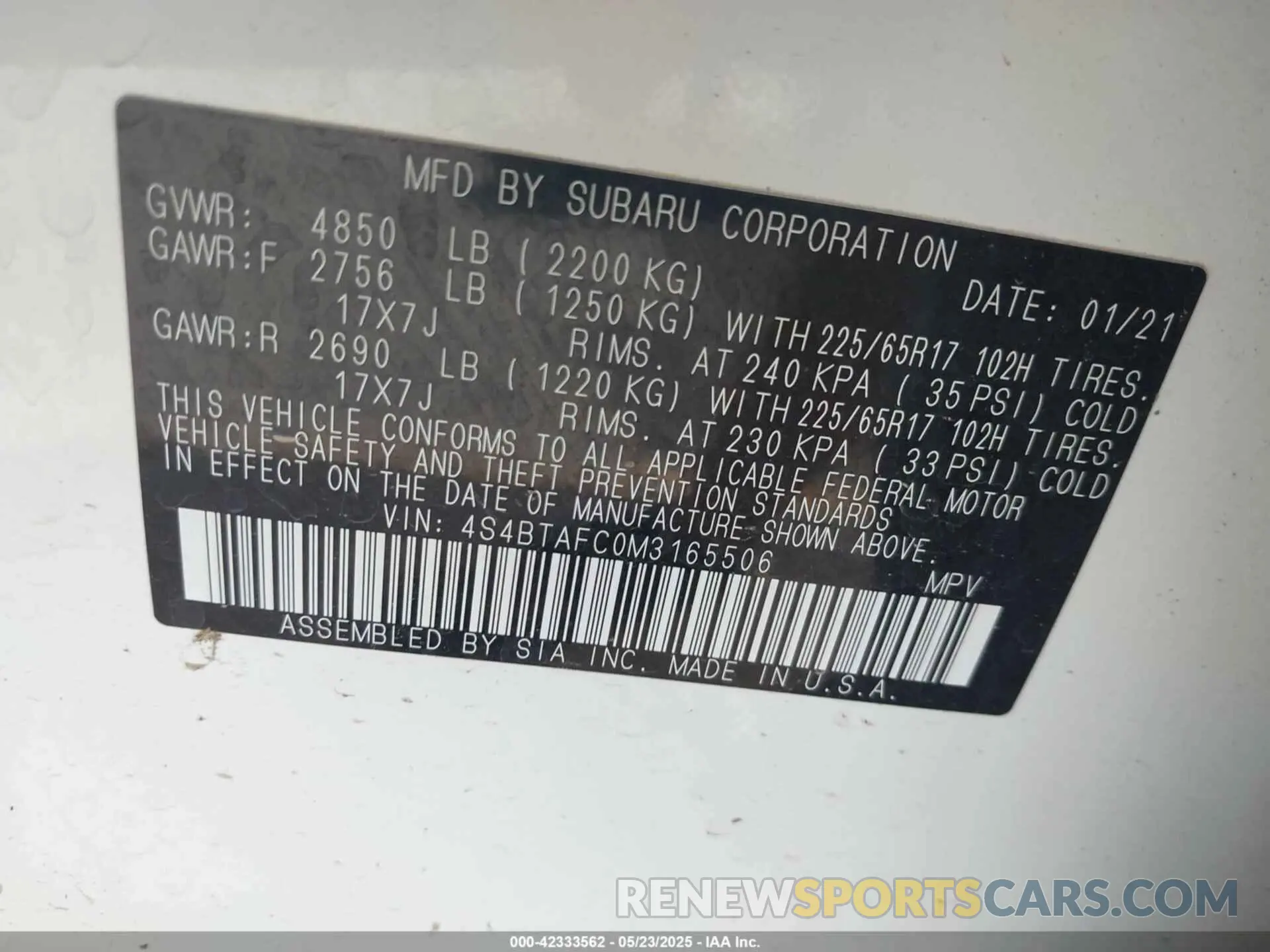 9 Photograph of a damaged car 4S4BTAFC0M3165506 SUBARU OUTBACK 2021