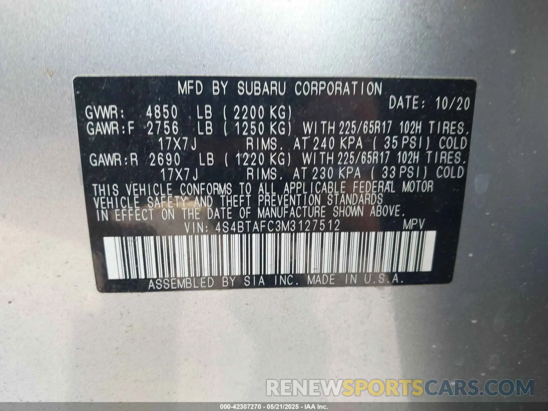 9 Photograph of a damaged car 4S4BTAFC3M3127512 SUBARU OUTBACK 2021
