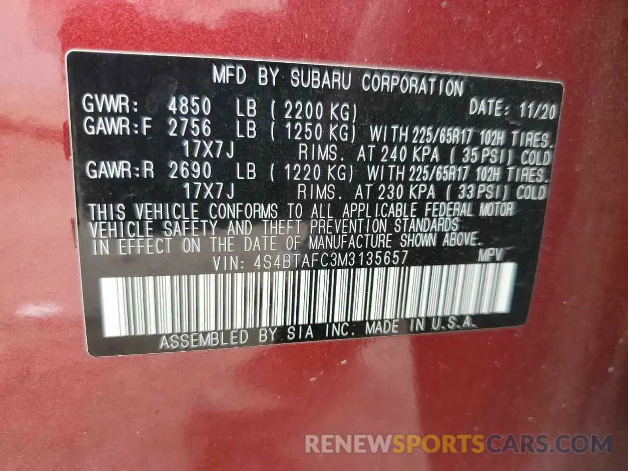 13 Photograph of a damaged car 4S4BTAFC3M3135657 SUBARU OUTBACK 2021