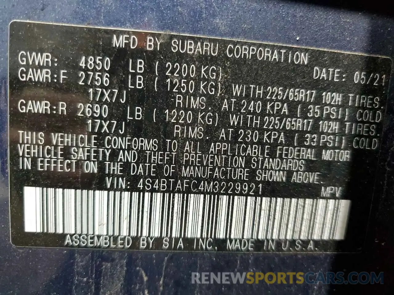 14 Photograph of a damaged car 4S4BTAFC4M3229921 SUBARU OUTBACK 2021