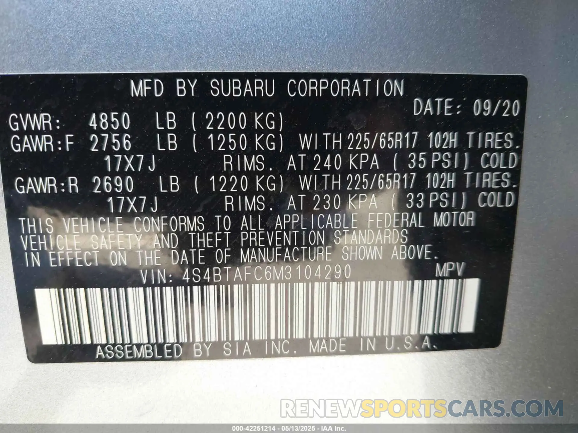 9 Photograph of a damaged car 4S4BTAFC6M3104290 SUBARU OUTBACK 2021