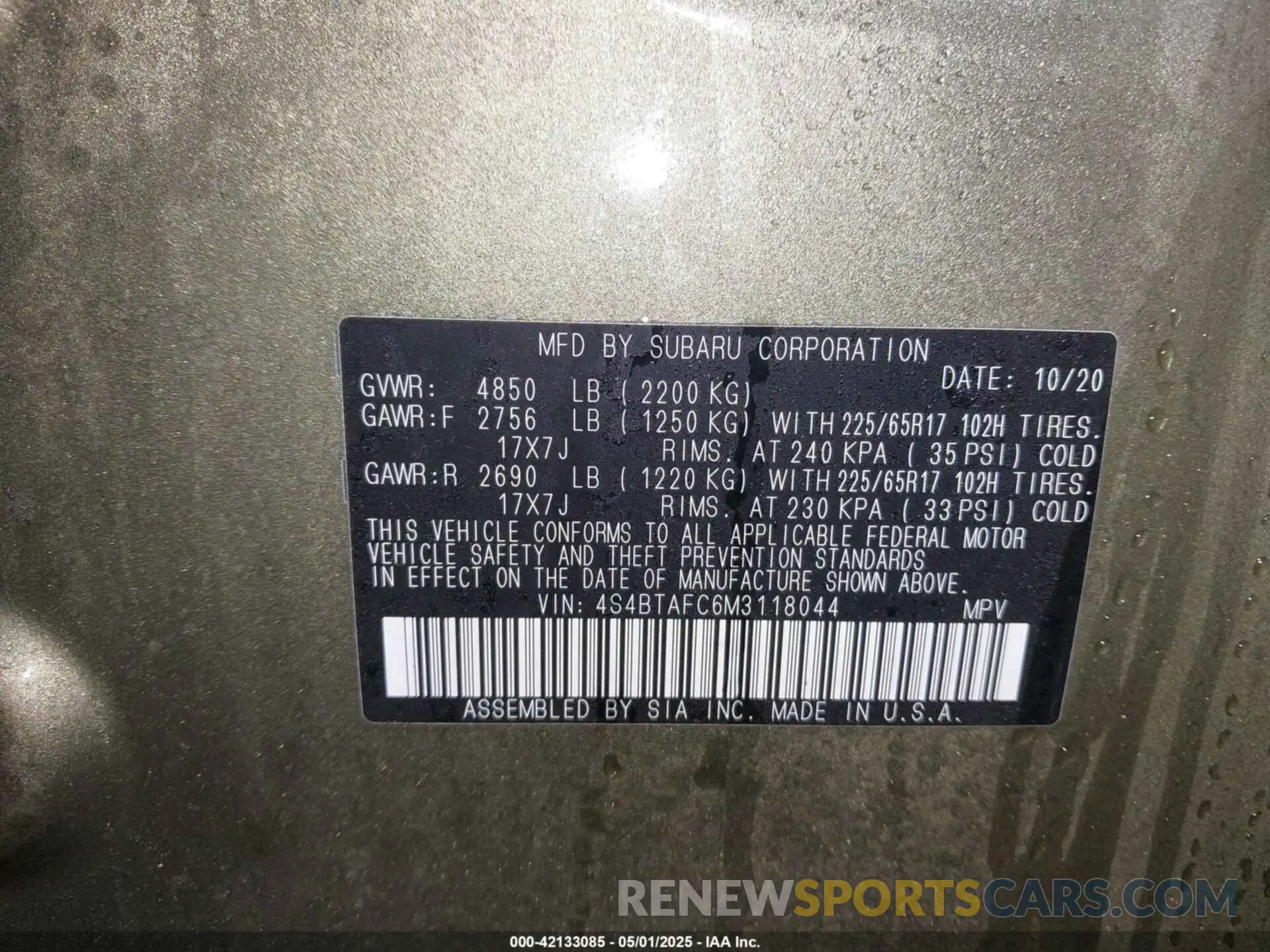 9 Photograph of a damaged car 4S4BTAFC6M3118044 SUBARU OUTBACK 2021