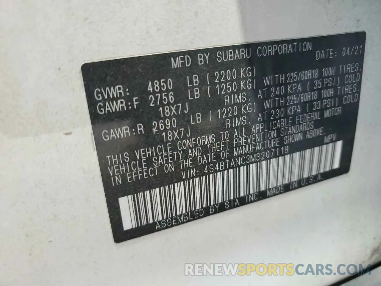 13 Photograph of a damaged car 4S4BTANC3M3207118 SUBARU OUTBACK 2021
