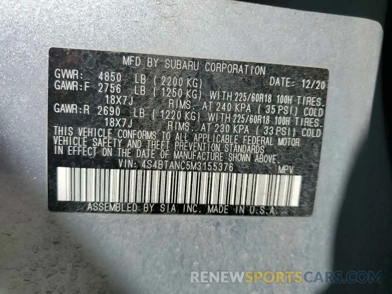 12 Photograph of a damaged car 4S4BTANC5M3155376 SUBARU OUTBACK 2021