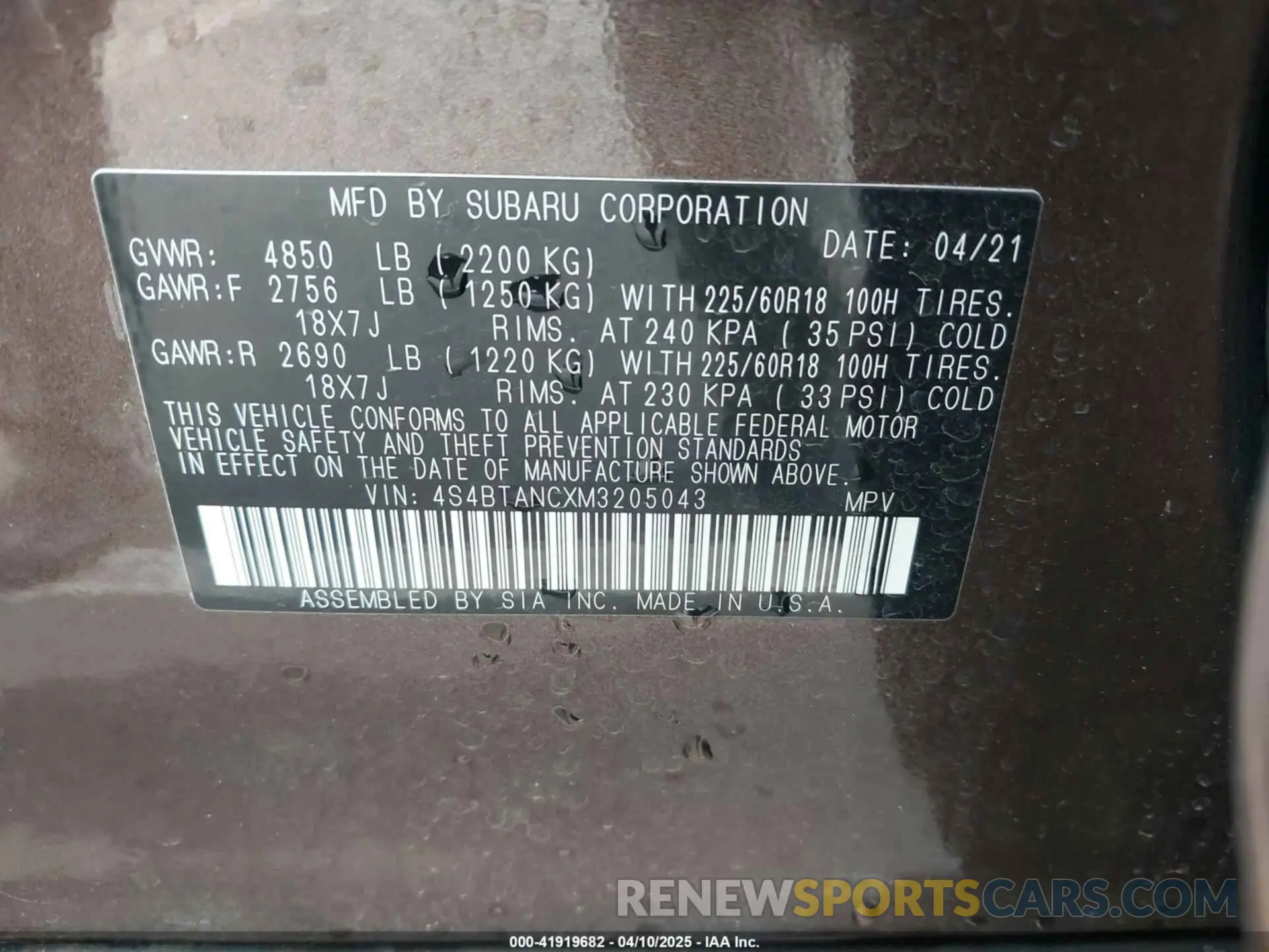 9 Photograph of a damaged car 4S4BTANCXM3205043 SUBARU OUTBACK 2021