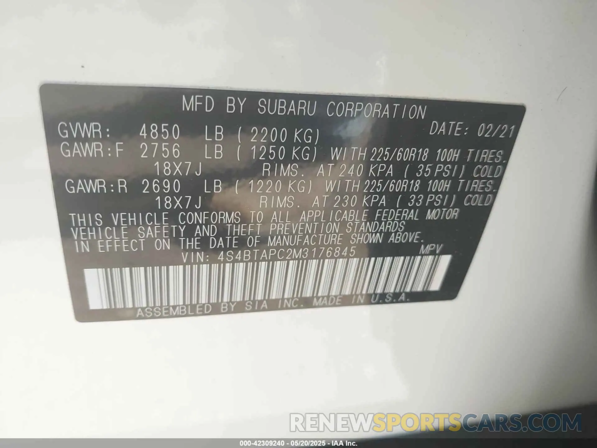 9 Photograph of a damaged car 4S4BTAPC2M3176845 SUBARU OUTBACK 2021