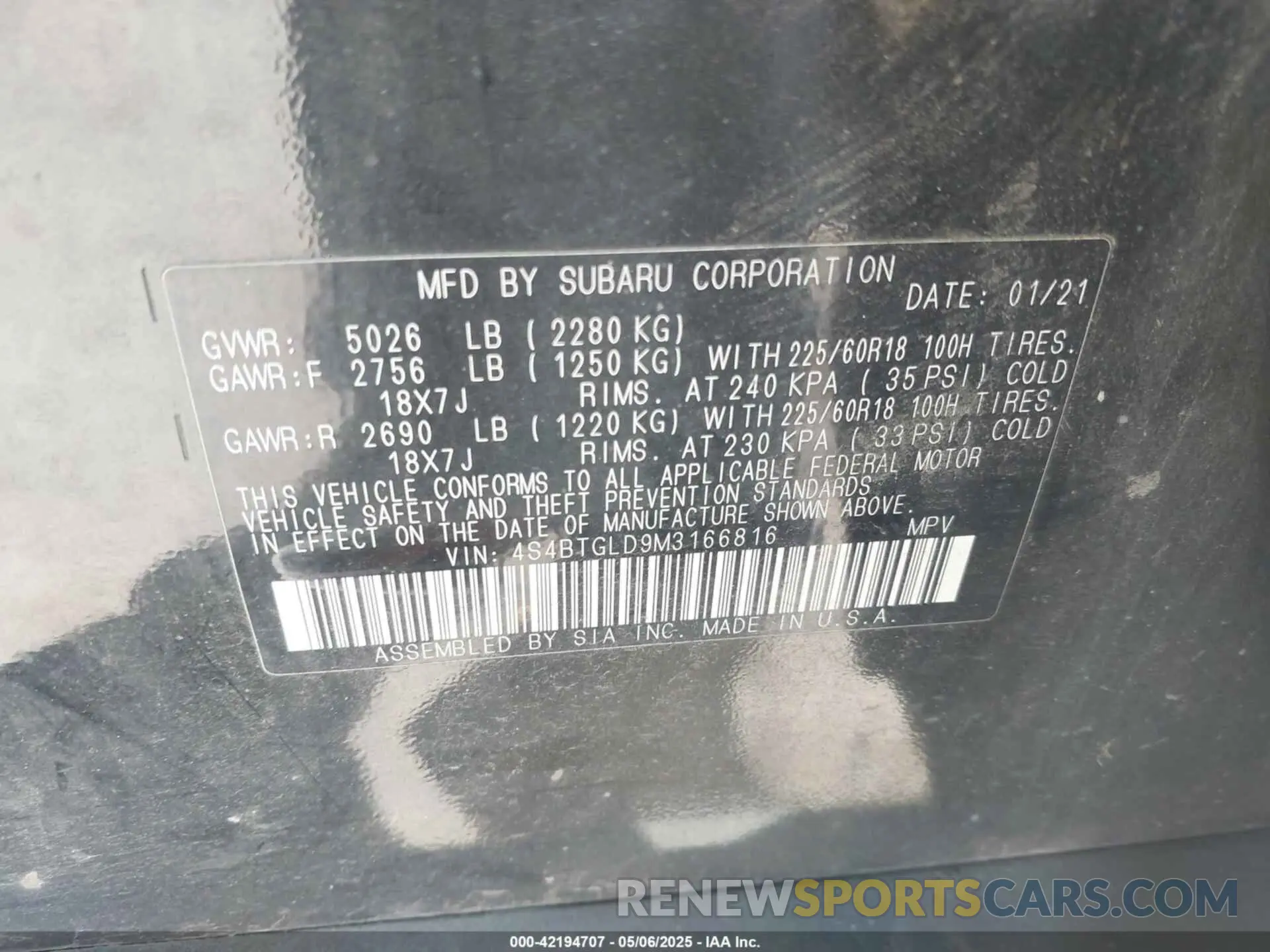 9 Photograph of a damaged car 4S4BTGLD9M3166816 SUBARU OUTBACK 2021