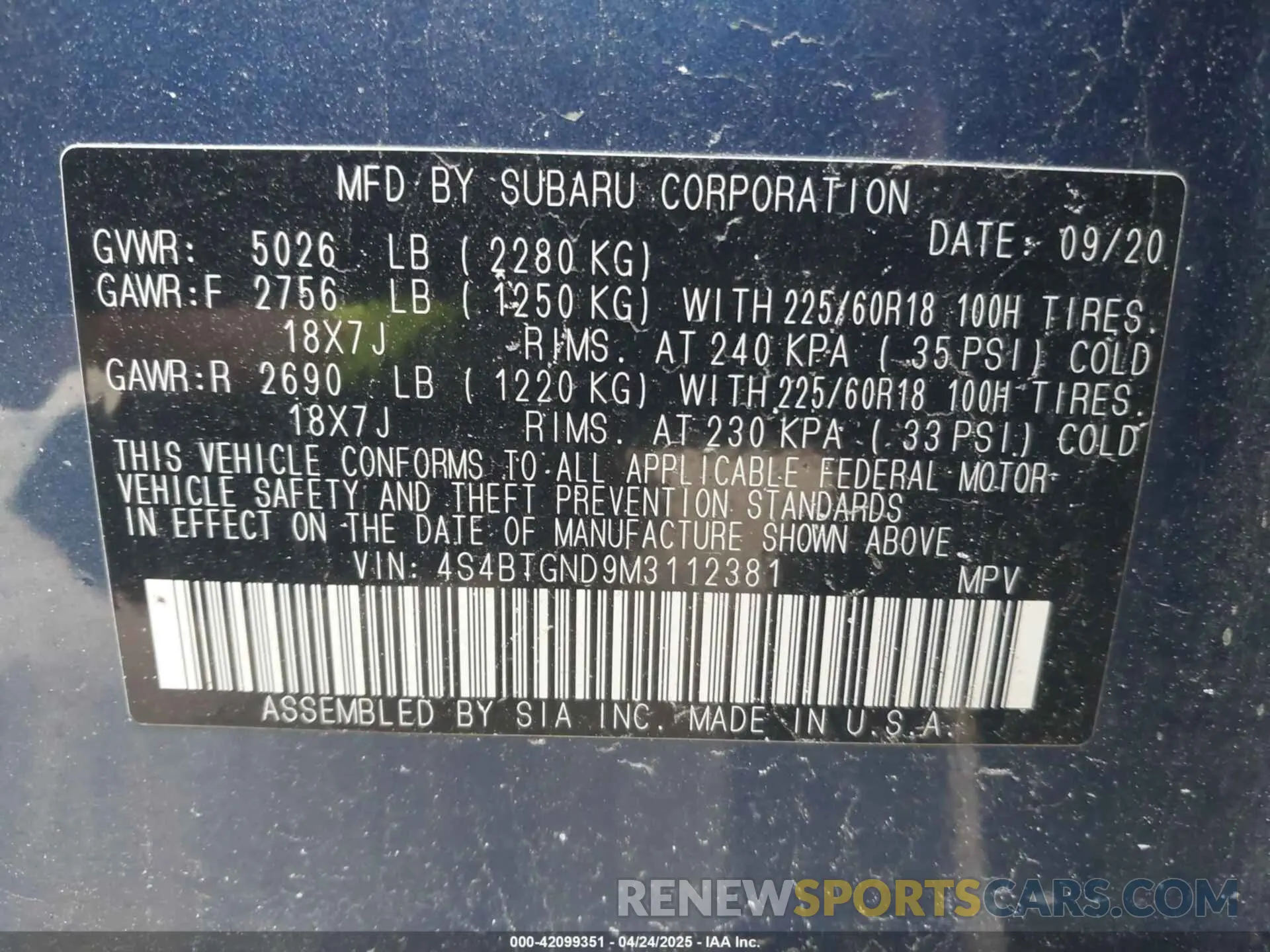 9 Photograph of a damaged car 4S4BTGND9M3112381 SUBARU OUTBACK 2021