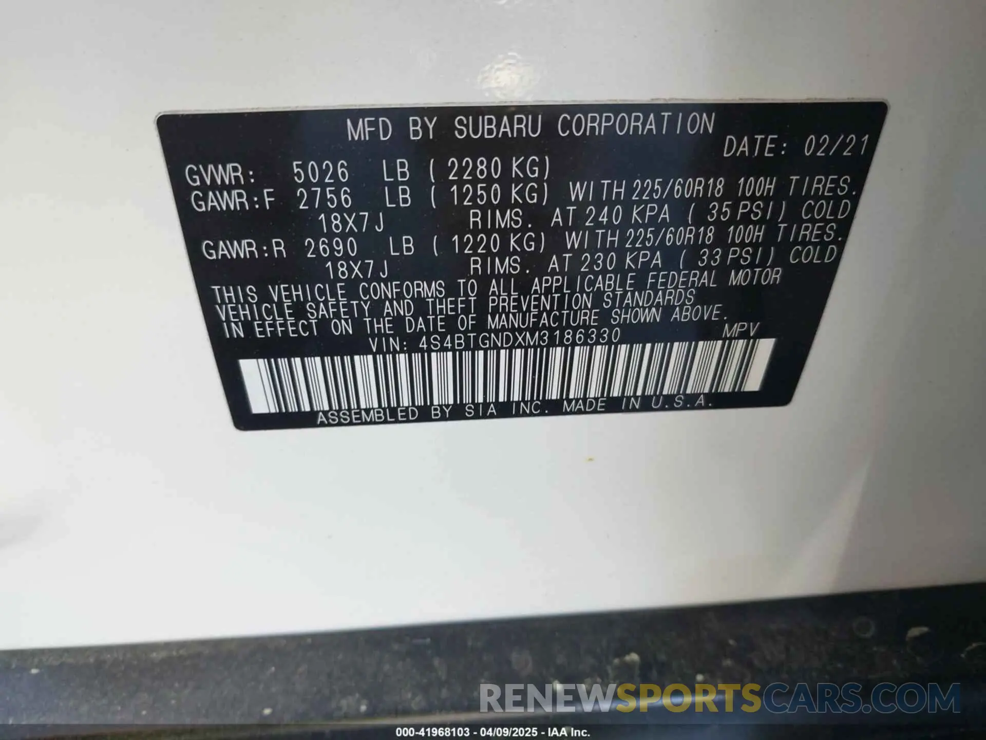 9 Photograph of a damaged car 4S4BTGNDXM3186330 SUBARU OUTBACK 2021