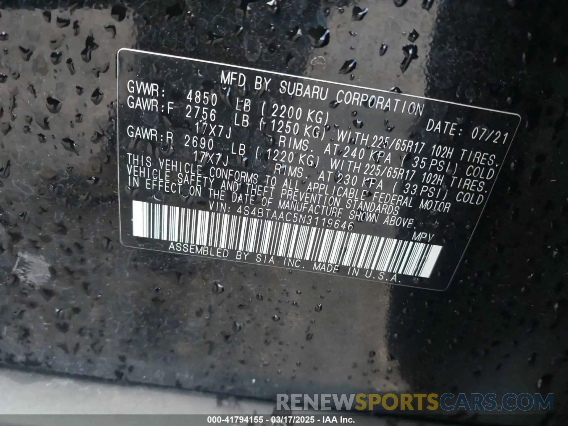9 Photograph of a damaged car 4S4BTAAC5N3119646 SUBARU OUTBACK 2022
