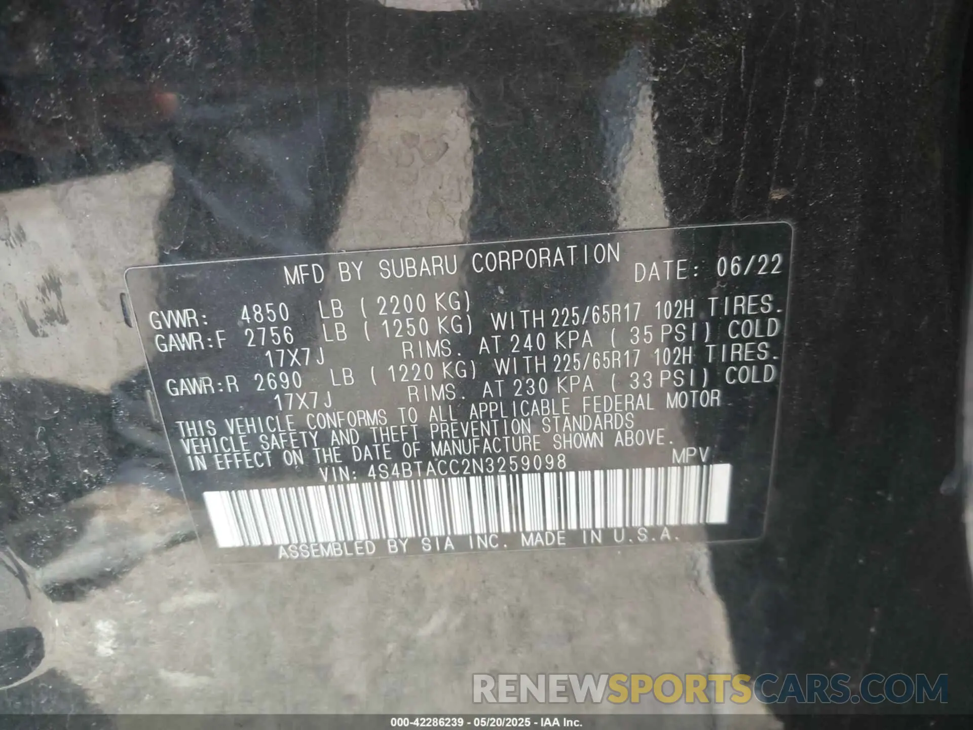 9 Photograph of a damaged car 4S4BTACC2N3259098 SUBARU OUTBACK 2022