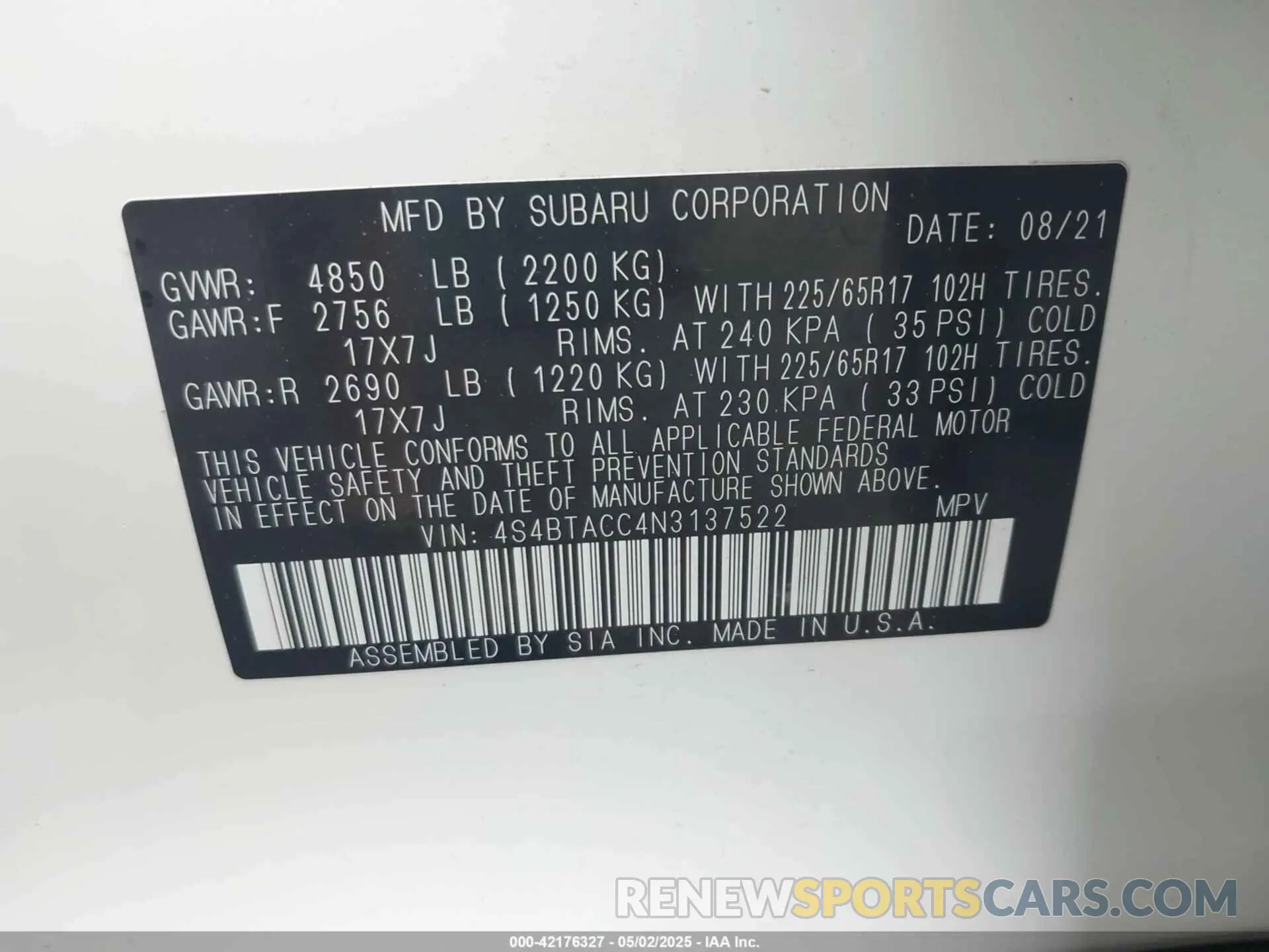9 Photograph of a damaged car 4S4BTACC4N3137522 SUBARU OUTBACK 2022