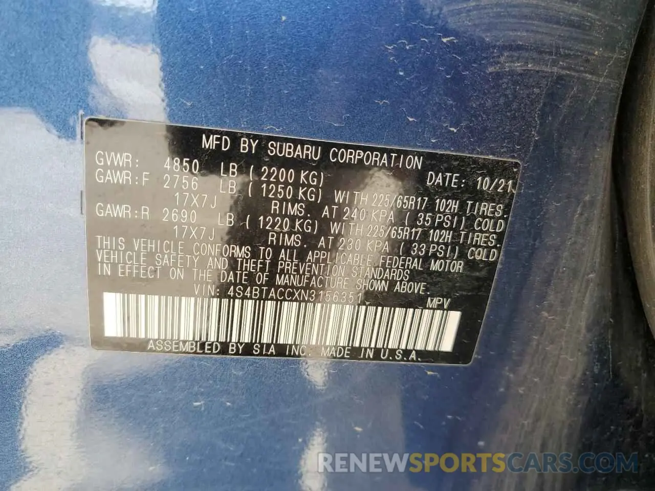 13 Photograph of a damaged car 4S4BTACCXN3156351 SUBARU OUTBACK 2022