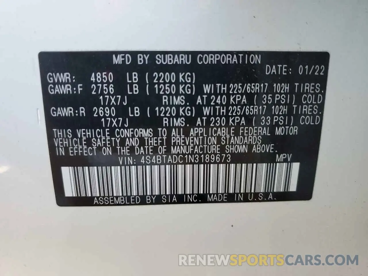 12 Photograph of a damaged car 4S4BTADC1N3189673 SUBARU OUTBACK 2022