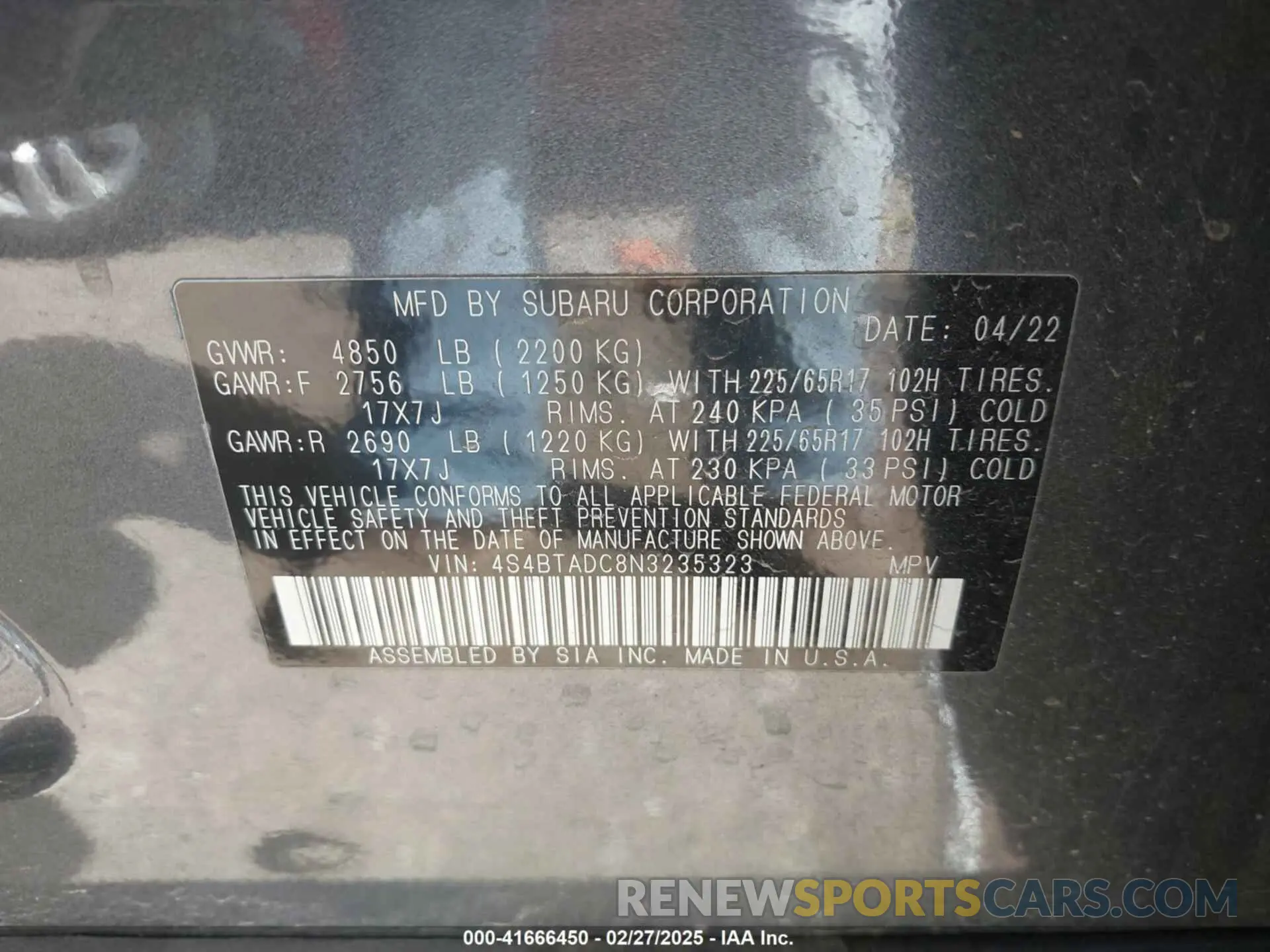 9 Photograph of a damaged car 4S4BTADC8N3235323 SUBARU OUTBACK 2022