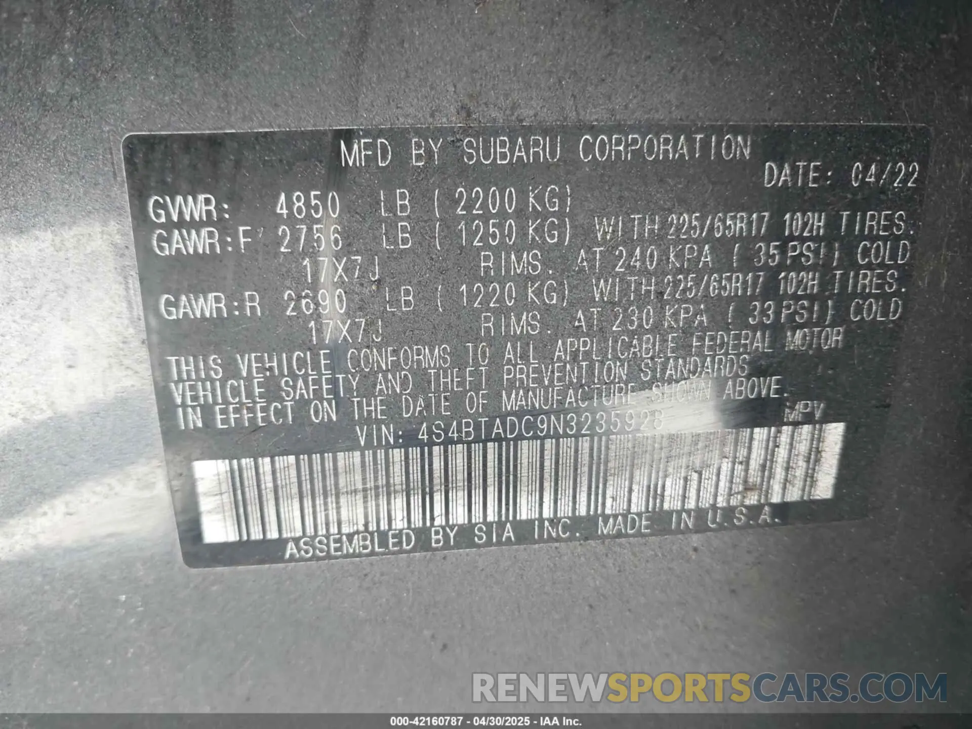 9 Photograph of a damaged car 4S4BTADC9N3235928 SUBARU OUTBACK 2022