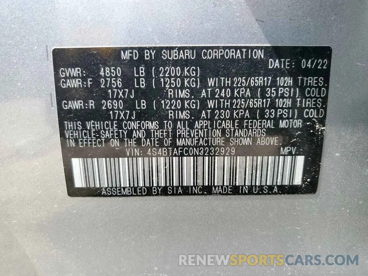 15 Photograph of a damaged car 4S4BTAFC0N3232929 SUBARU OUTBACK 2022